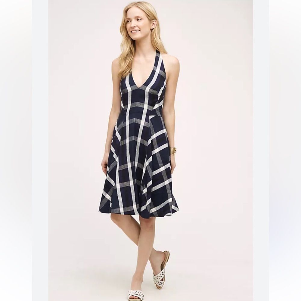 Eva Franco Anthropologie Plaid Halter Dress Pin Up Linen Blend Blue Motif Sz 10